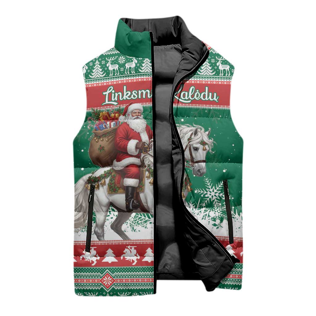 Lithuania Christmas Sleeveless Puffer Jacket Santa Riding White Horse Linksmu Kaledu - Wonder Print Shop