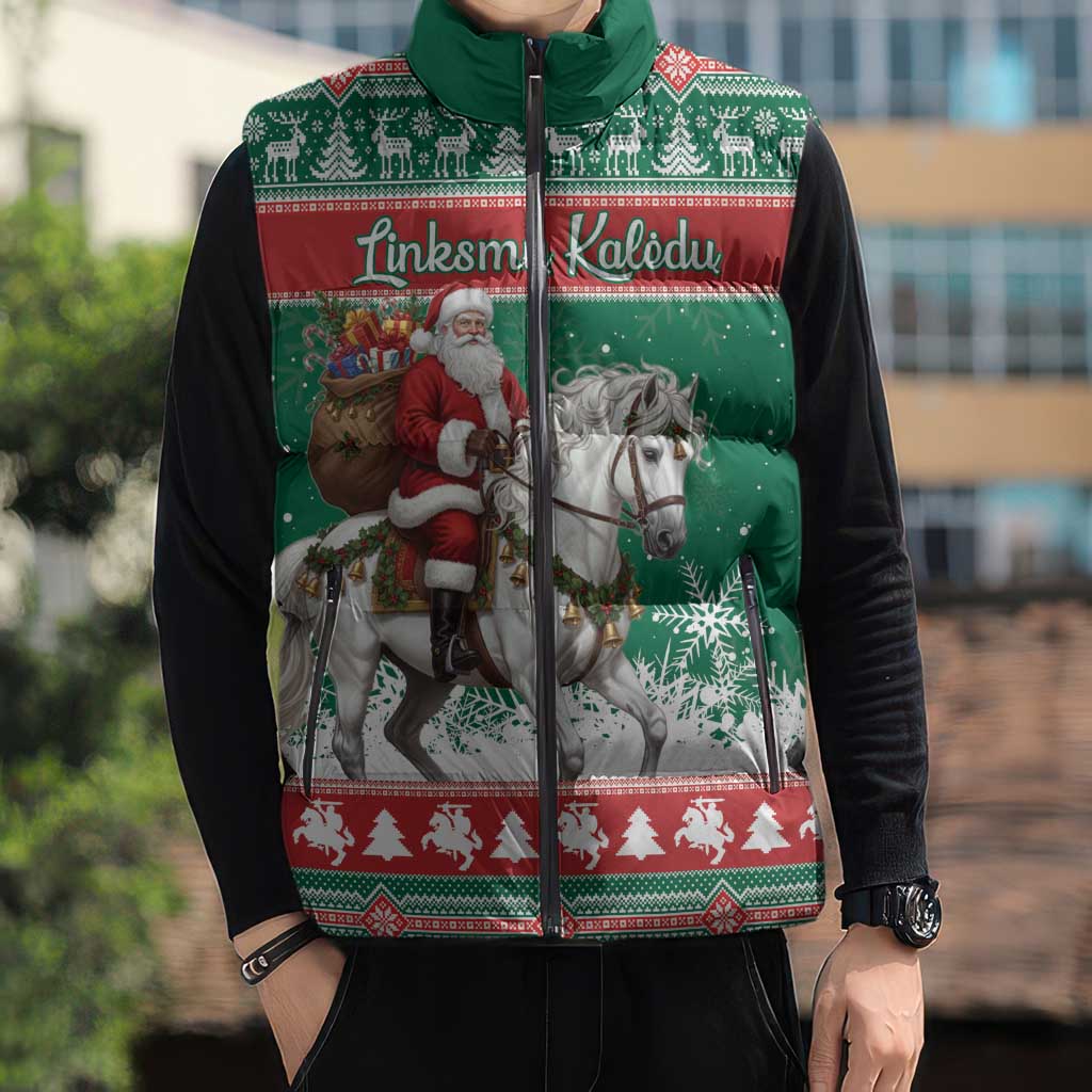Lithuania Christmas Sleeveless Puffer Jacket Santa Riding White Horse Linksmu Kaledu - Wonder Print Shop