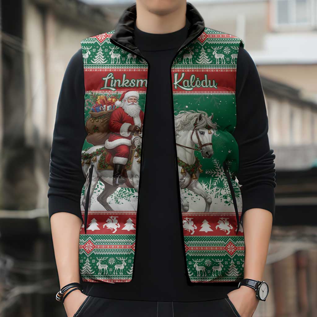 Lithuania Christmas Sleeveless Puffer Jacket Santa Riding White Horse Linksmu Kaledu - Wonder Print Shop