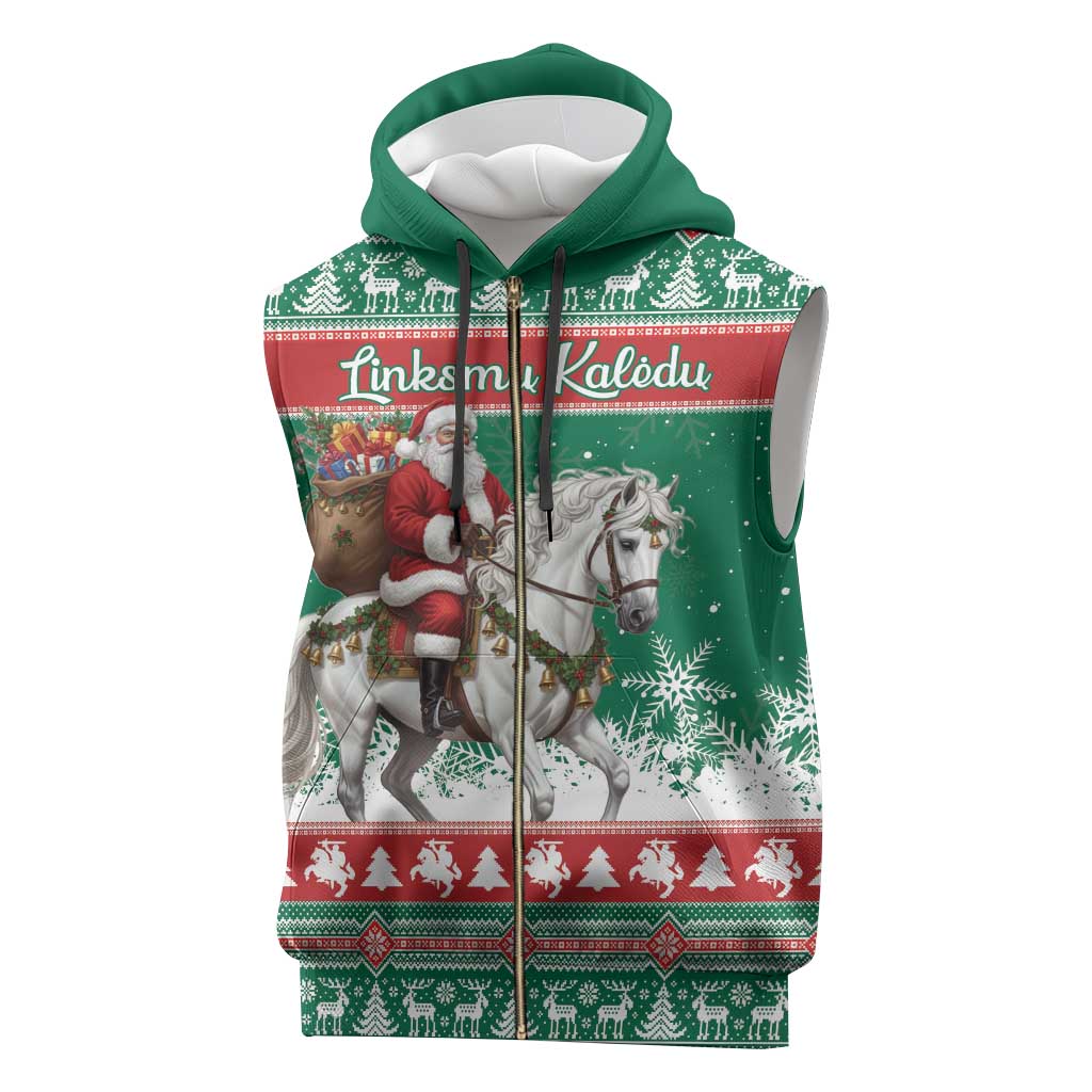 Lithuania Christmas Sleeveless Zip Hoodie Santa Riding White Horse Linksmu Kaledu - Wonder Print Shop