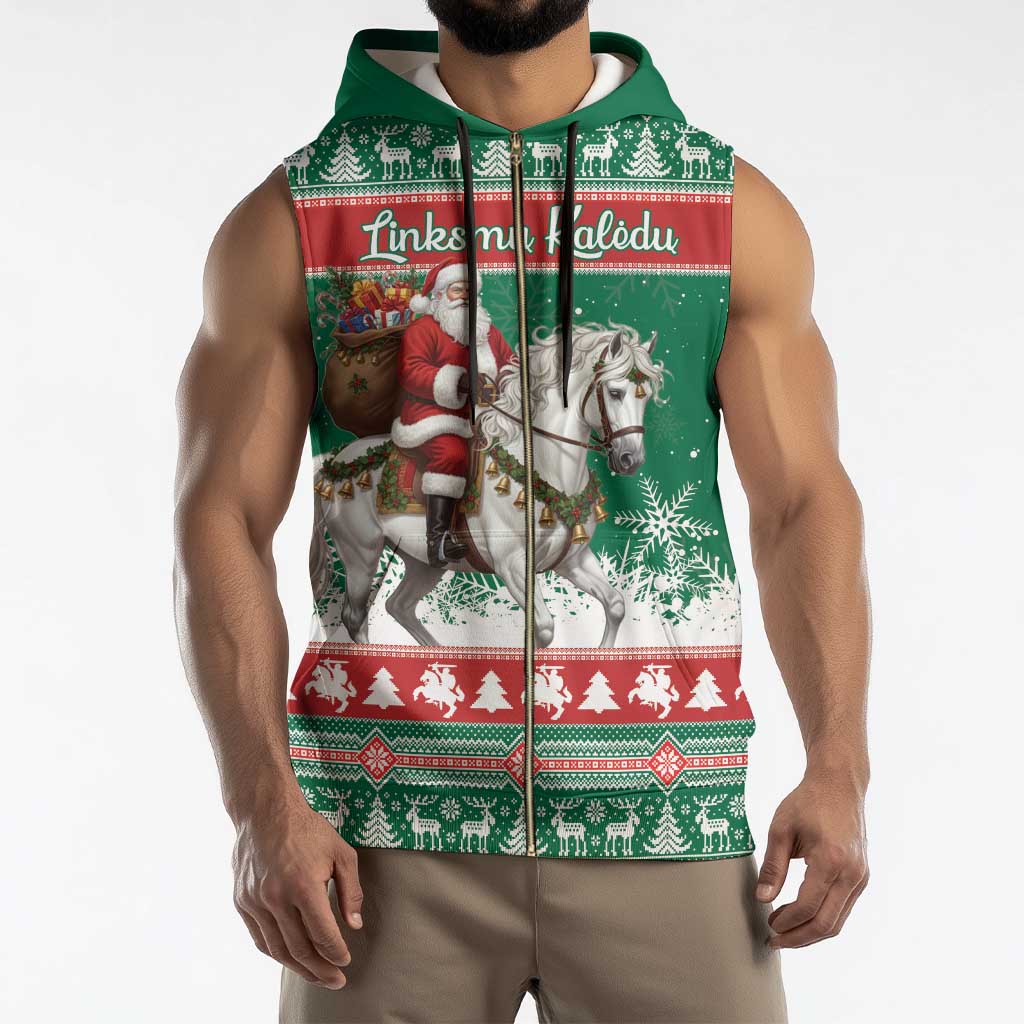 Lithuania Christmas Sleeveless Zip Hoodie Santa Riding White Horse Linksmu Kaledu - Wonder Print Shop