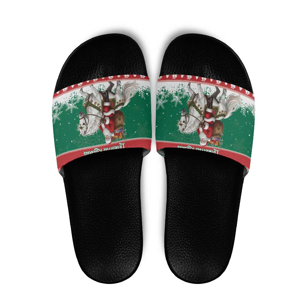 Lithuania Christmas Slide Sandals Santa Riding White Horse Linksmu Kaledu - Wonder Print Shop