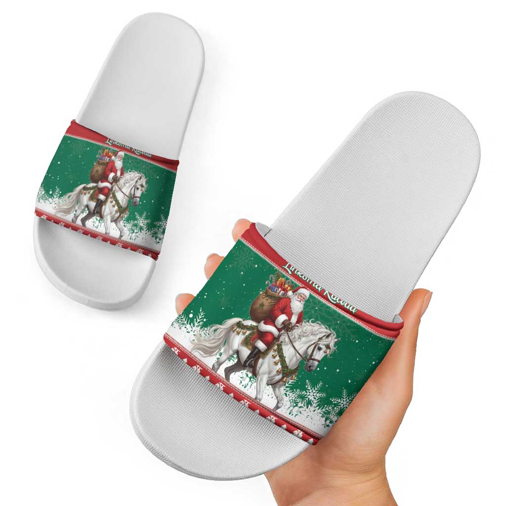 Lithuania Christmas Slide Sandals Santa Riding White Horse Linksmu Kaledu - Wonder Print Shop