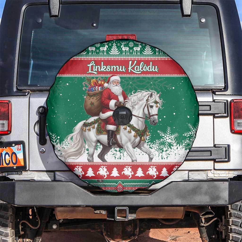 Lithuania Christmas Spare Tire Cover Santa Riding White Horse Linksmu Kaledu - Wonder Print Shop