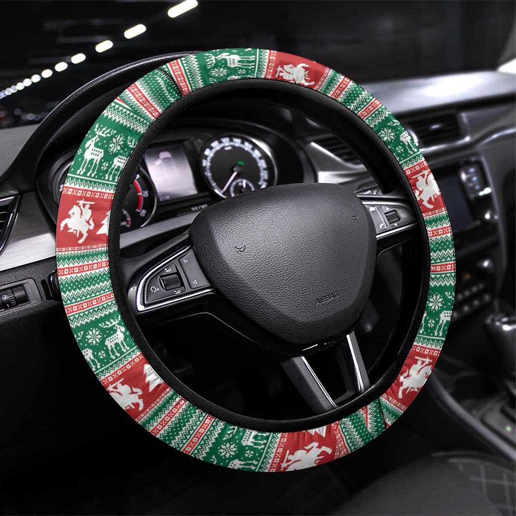 Lithuania Christmas Steering Wheel Cover Santa Riding White Horse Linksmu Kaledu - Wonder Print Shop