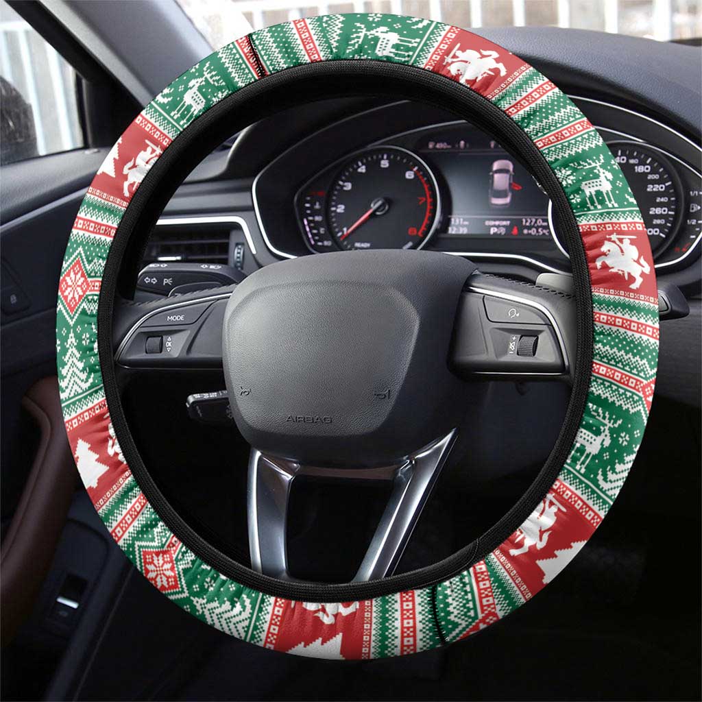 Lithuania Christmas Steering Wheel Cover Santa Riding White Horse Linksmu Kaledu - Wonder Print Shop