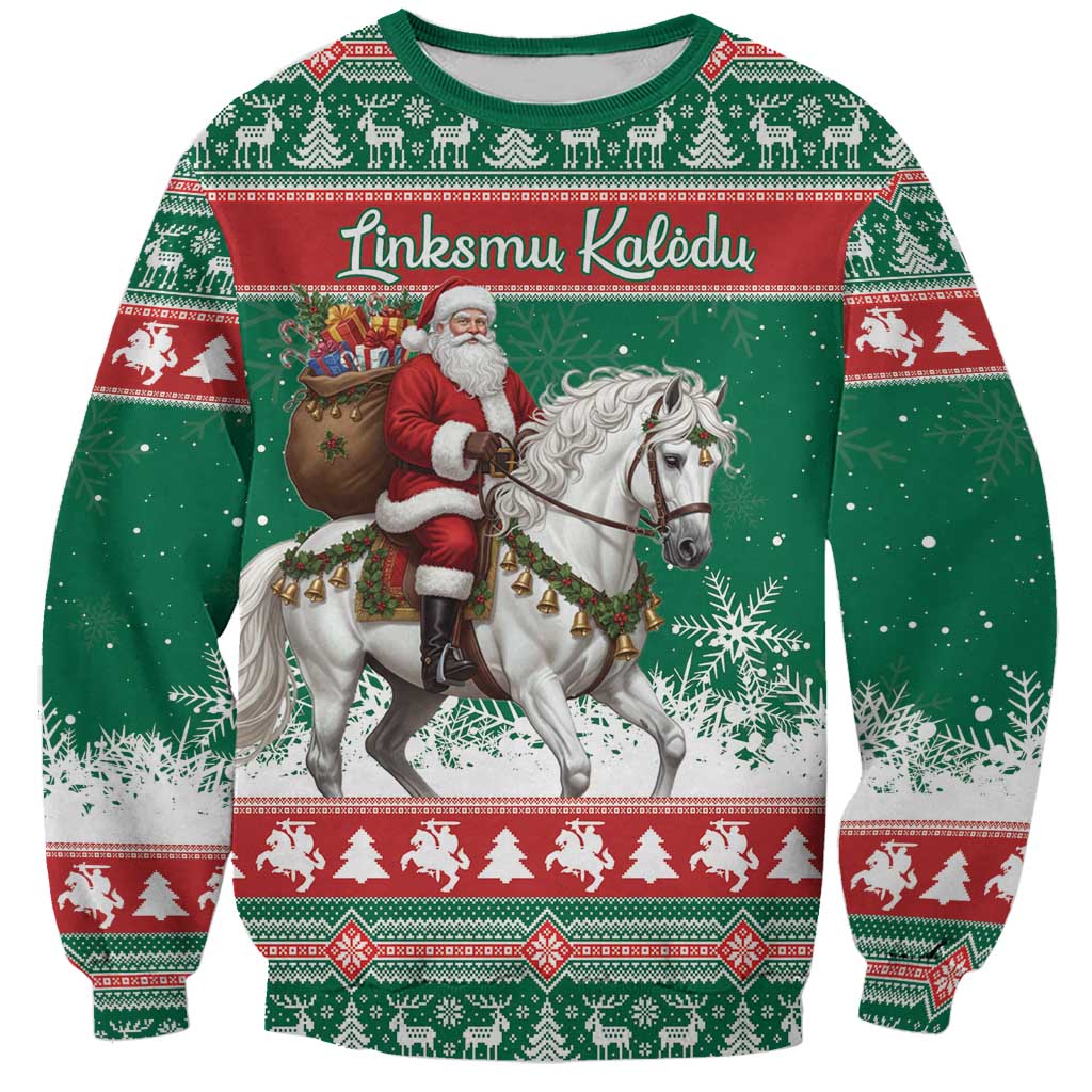 Lithuania Christmas Sweatshirt Santa Riding White Horse Linksmu Kaledu - Wonder Print Shop