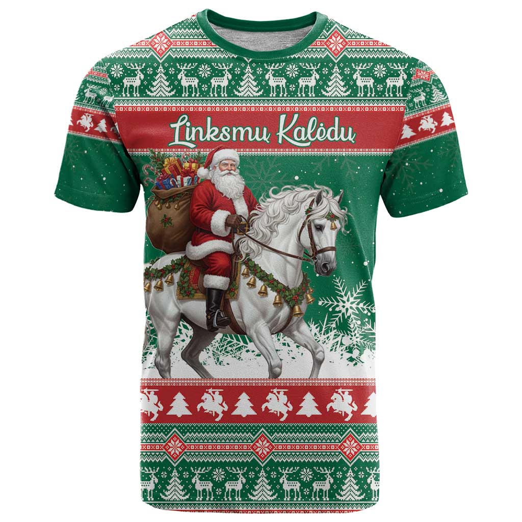 Lithuania Christmas T Shirt Santa Riding White Horse Linksmu Kaledu - Wonder Print Shop
