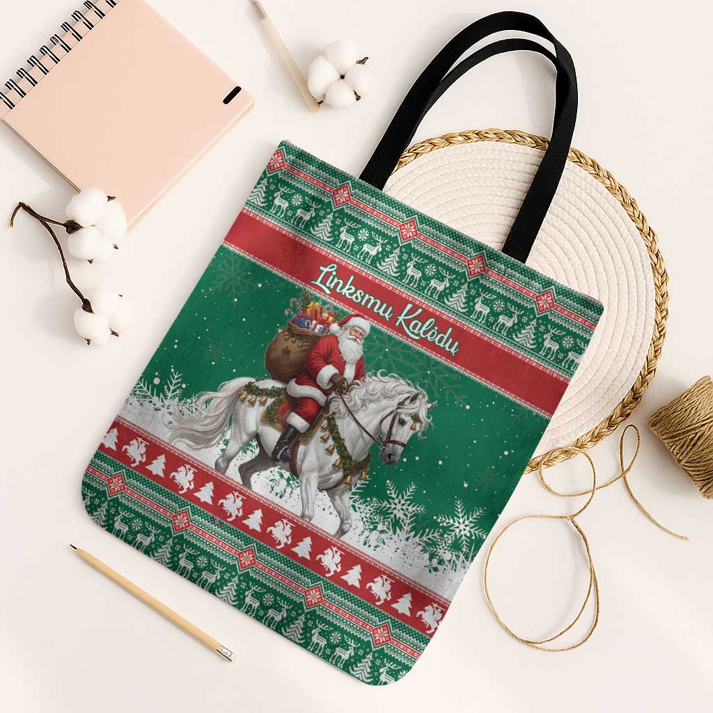 Lithuania Christmas Tote Bag Santa Riding White Horse Linksmu Kaledu - Wonder Print Shop