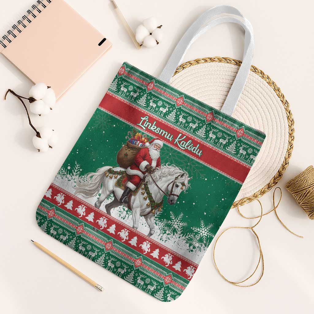 Lithuania Christmas Tote Bag Santa Riding White Horse Linksmu Kaledu - Wonder Print Shop