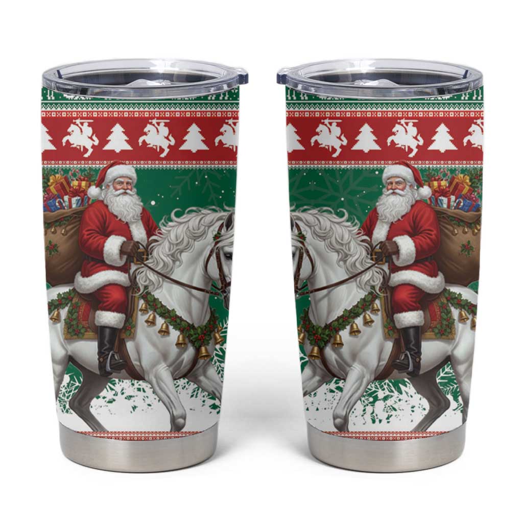 Lithuania Christmas Tumbler Cup Santa Riding White Horse Linksmu Kaledu - Wonder Print Shop