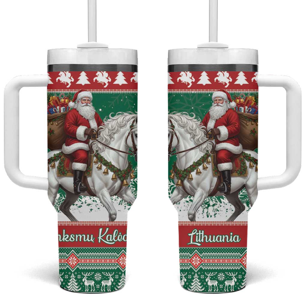 Lithuania Christmas Tumbler With Handle Santa Riding White Horse Linksmu Kaledu - Wonder Print Shop