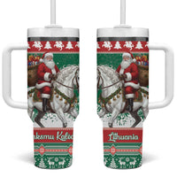 Lithuania Christmas Tumbler With Handle Santa Riding White Horse Linksmu Kaledu - Wonder Print Shop