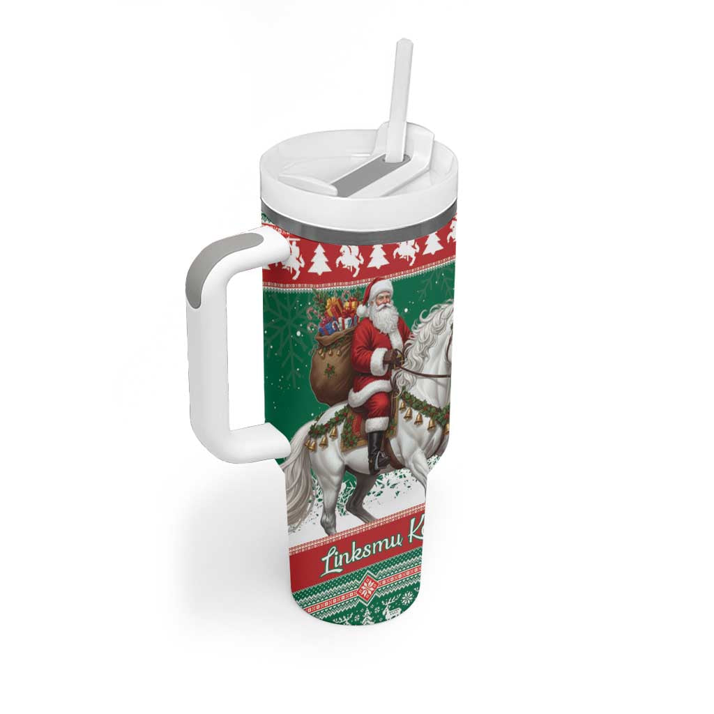 Lithuania Christmas Tumbler With Handle Santa Riding White Horse Linksmu Kaledu - Wonder Print Shop
