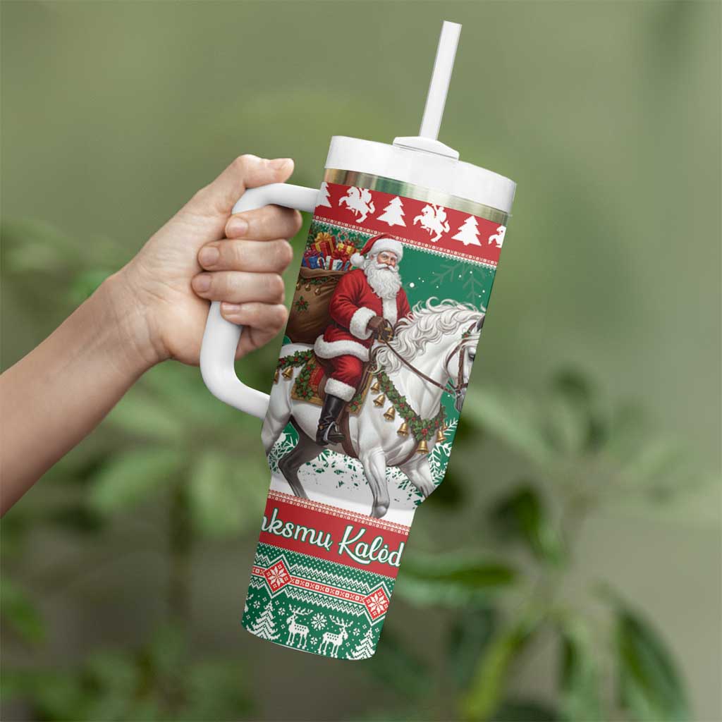 Lithuania Christmas Tumbler With Handle Santa Riding White Horse Linksmu Kaledu - Wonder Print Shop