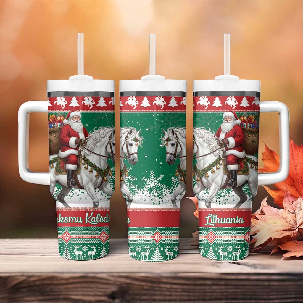 Lithuania Christmas Tumbler With Handle Santa Riding White Horse Linksmu Kaledu - Wonder Print Shop