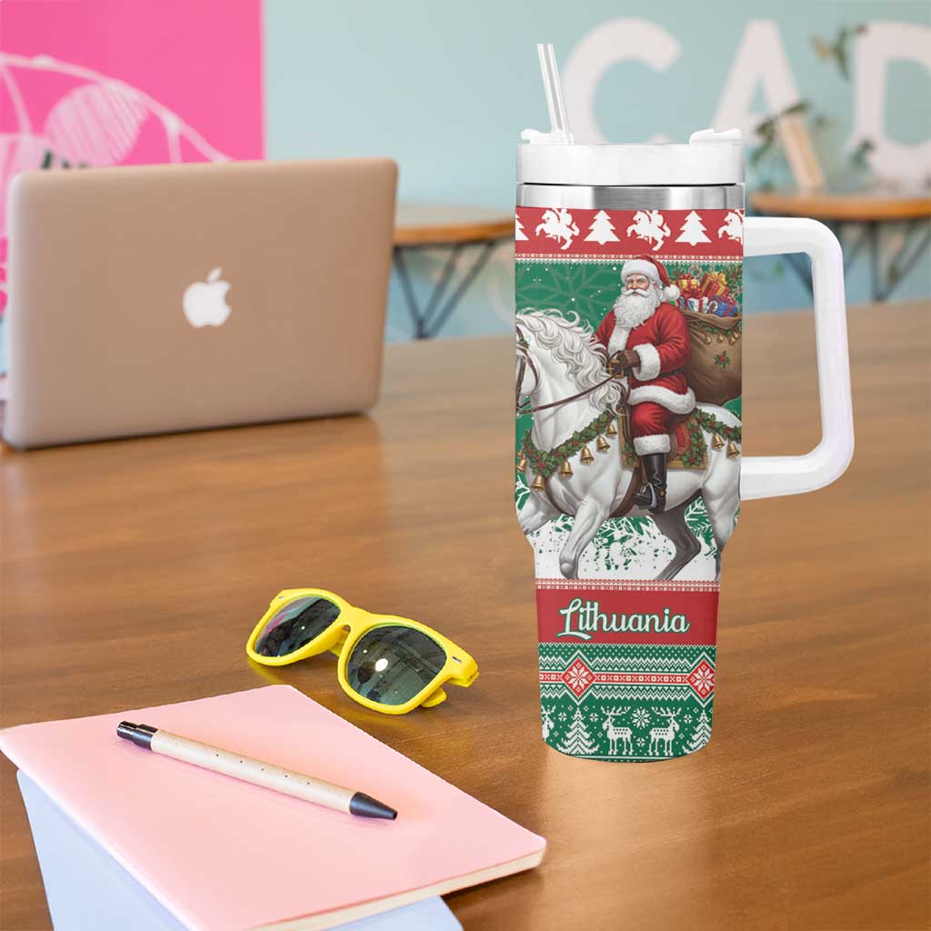 Lithuania Christmas Tumbler With Handle Santa Riding White Horse Linksmu Kaledu - Wonder Print Shop