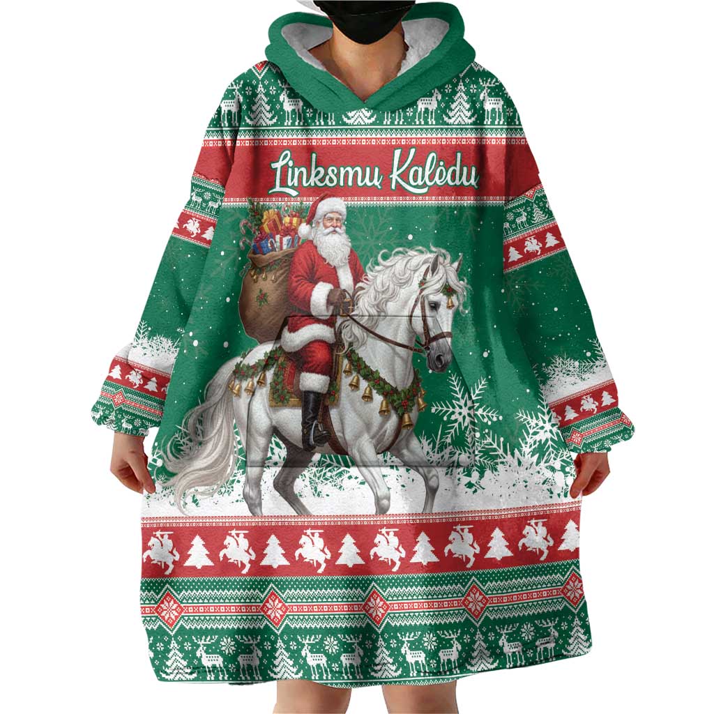 Lithuania Christmas Wearable Blanket Hoodie Santa Riding White Horse Linksmu Kaledu - Wonder Print Shop