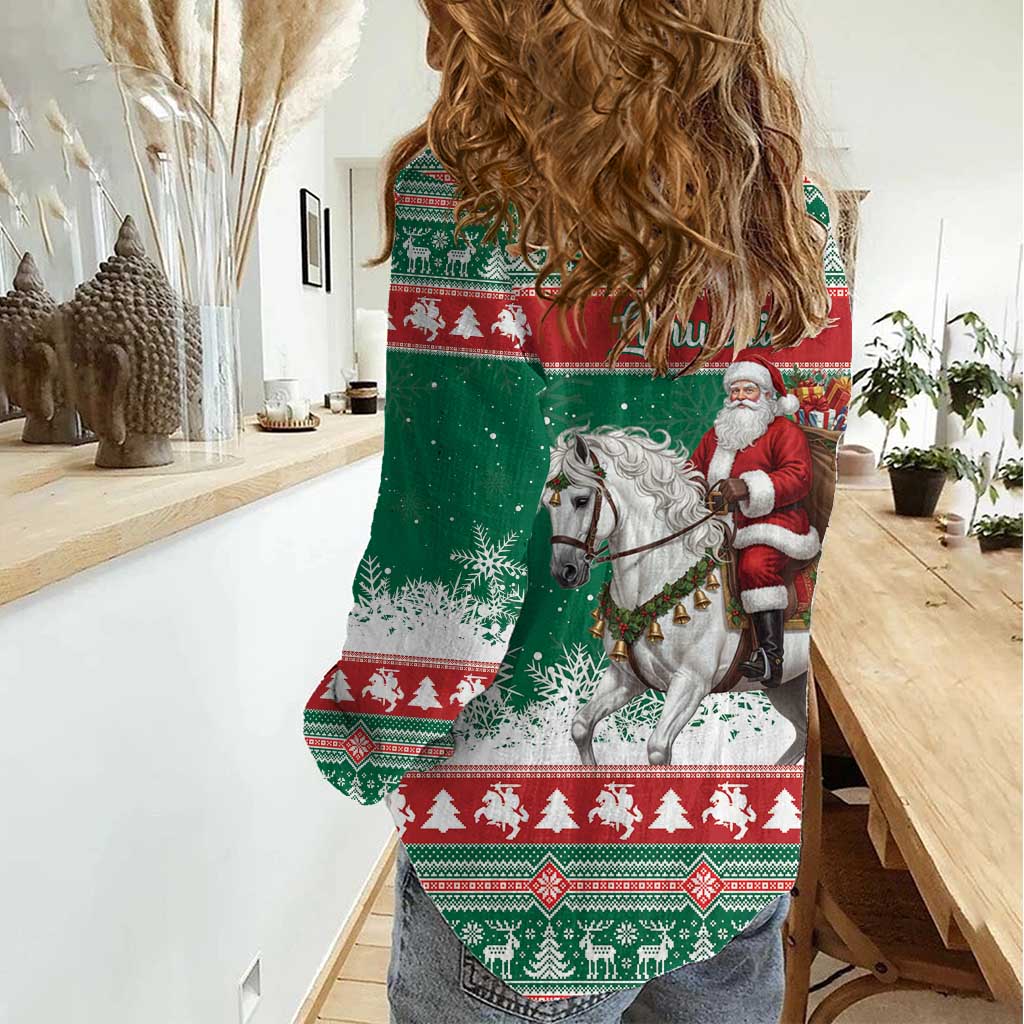 Lithuania Christmas Women Casual Shirt Santa Riding White Horse Linksmu Kaledu - Wonder Print Shop