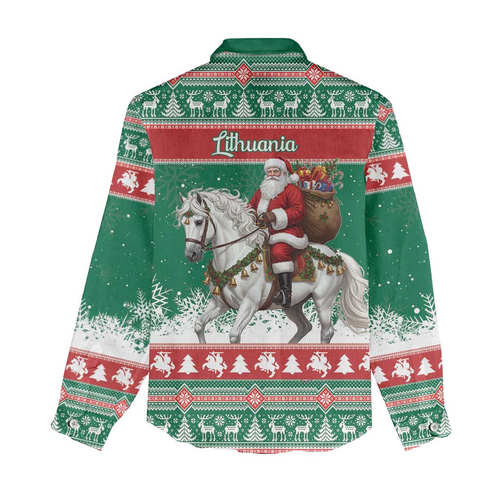 Lithuania Christmas Women Casual Shirt Santa Riding White Horse Linksmu Kaledu - Wonder Print Shop