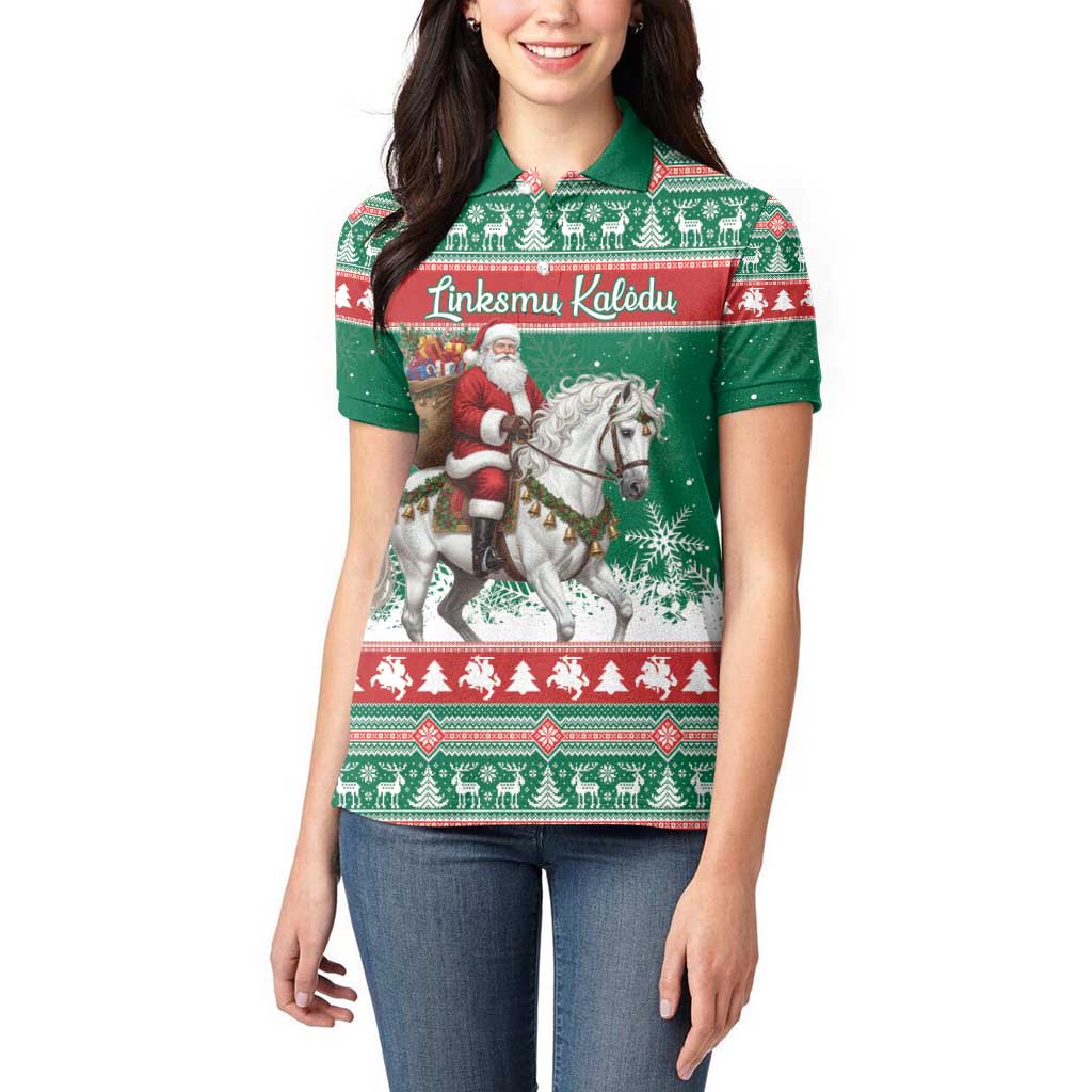 Lithuania Christmas Women Polo Shirt Santa Riding White Horse Linksmu Kaledu - Wonder Print Shop