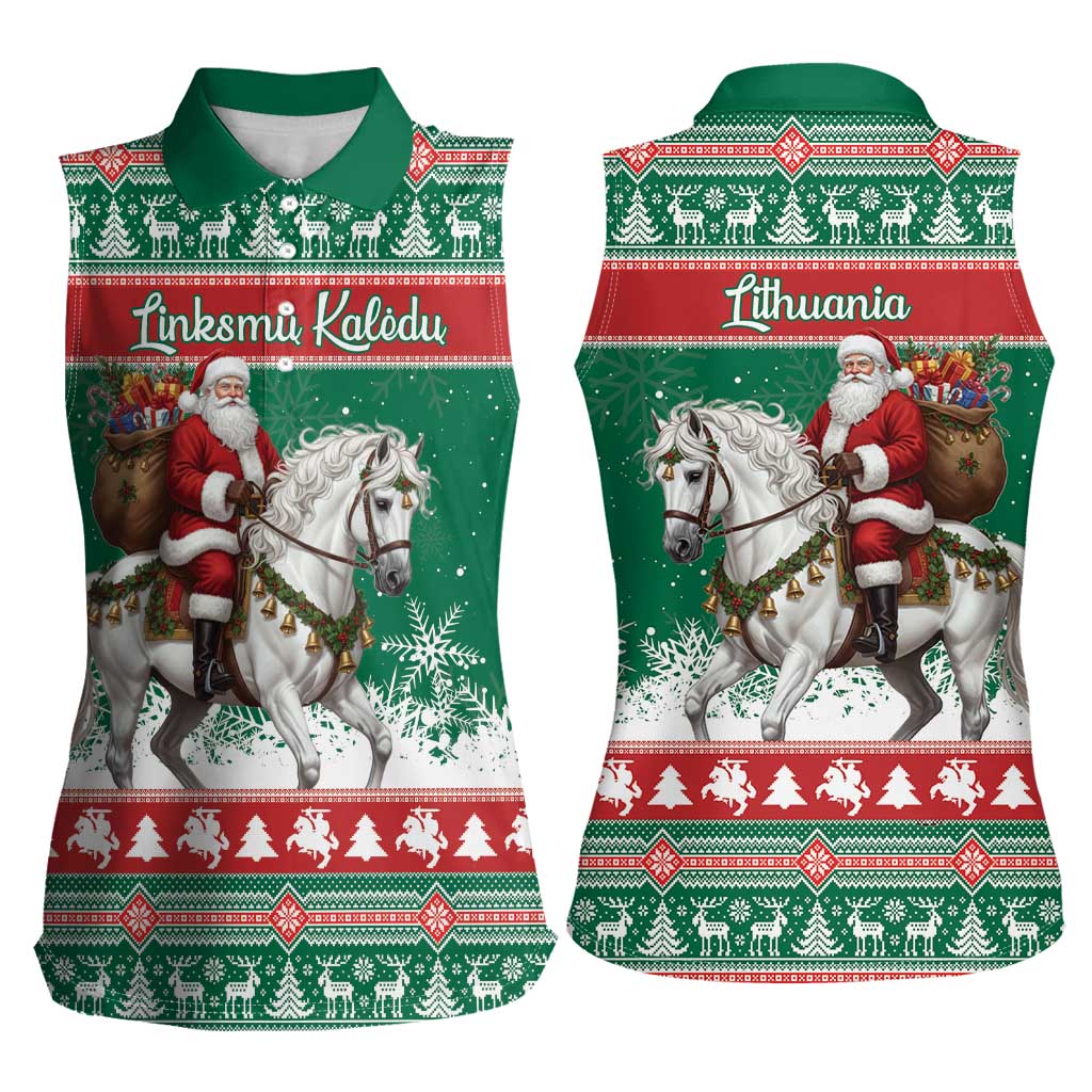 Lithuania Christmas Women Sleeveless Polo Shirt Santa Riding White Horse Linksmu Kaledu - Wonder Print Shop