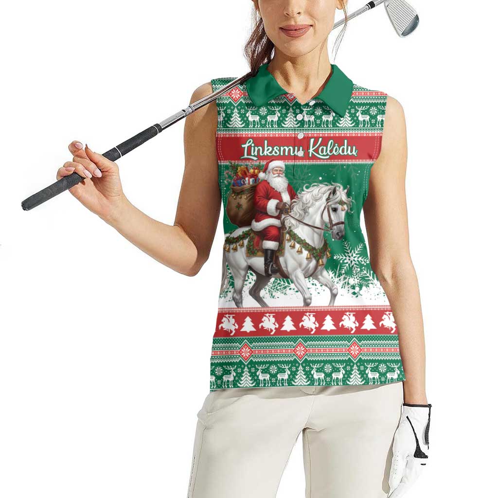 Lithuania Christmas Women Sleeveless Polo Shirt Santa Riding White Horse Linksmu Kaledu - Wonder Print Shop