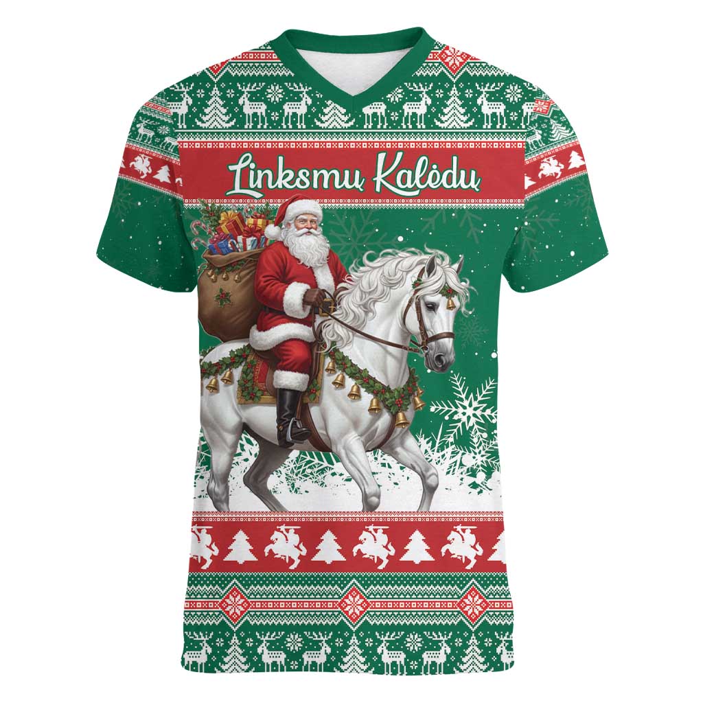 Lithuania Christmas Women V-Neck T-Shirt Santa Riding White Horse Linksmu Kaledu - Wonder Print Shop