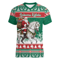 Lithuania Christmas Women V-Neck T-Shirt Santa Riding White Horse Linksmu Kaledu - Wonder Print Shop