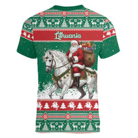 Lithuania Christmas Women V-Neck T-Shirt Santa Riding White Horse Linksmu Kaledu - Wonder Print Shop