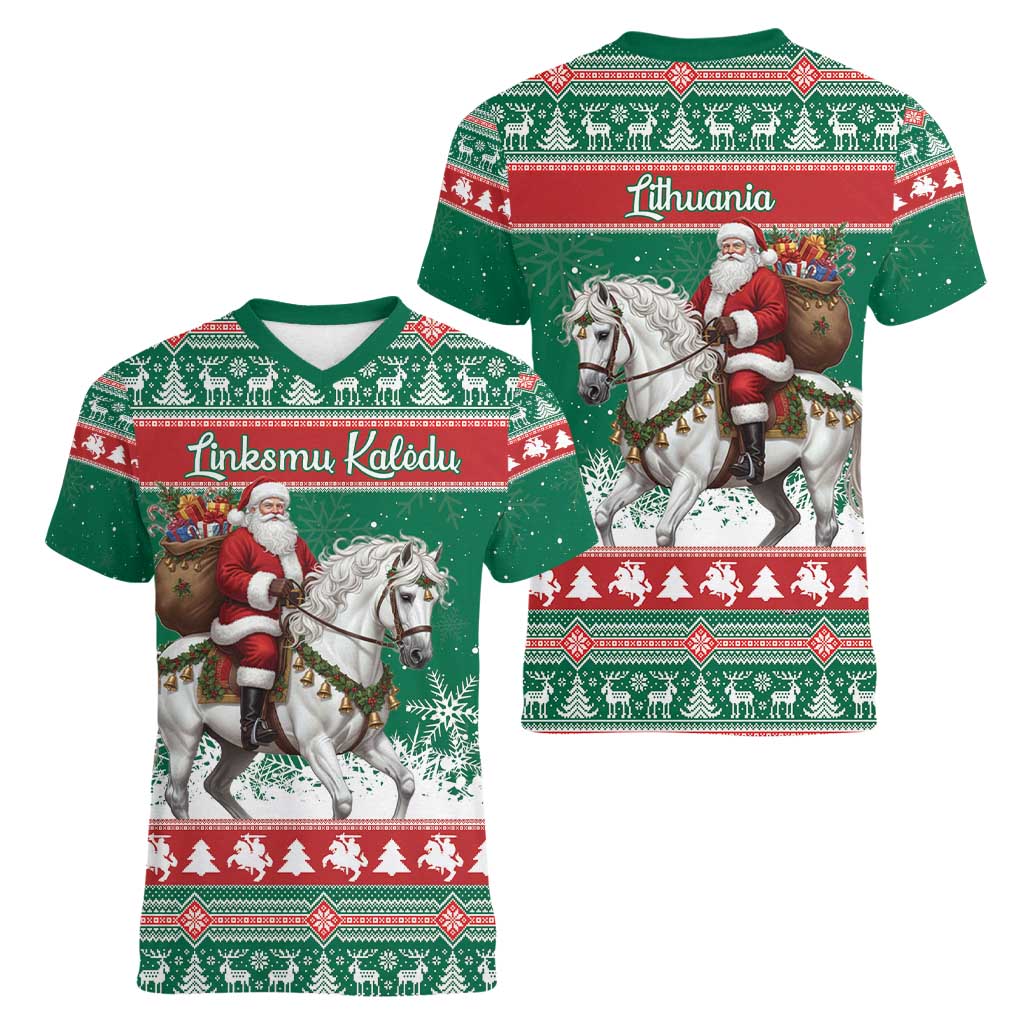 Lithuania Christmas Women V-Neck T-Shirt Santa Riding White Horse Linksmu Kaledu - Wonder Print Shop