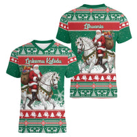 Lithuania Christmas Women V-Neck T-Shirt Santa Riding White Horse Linksmu Kaledu - Wonder Print Shop