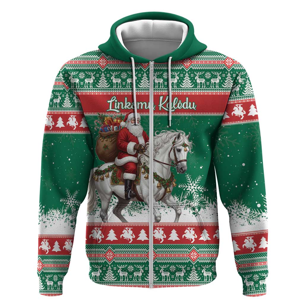 Lithuania Christmas Zip Hoodie Santa Riding White Horse Linksmu Kaledu - Wonder Print Shop