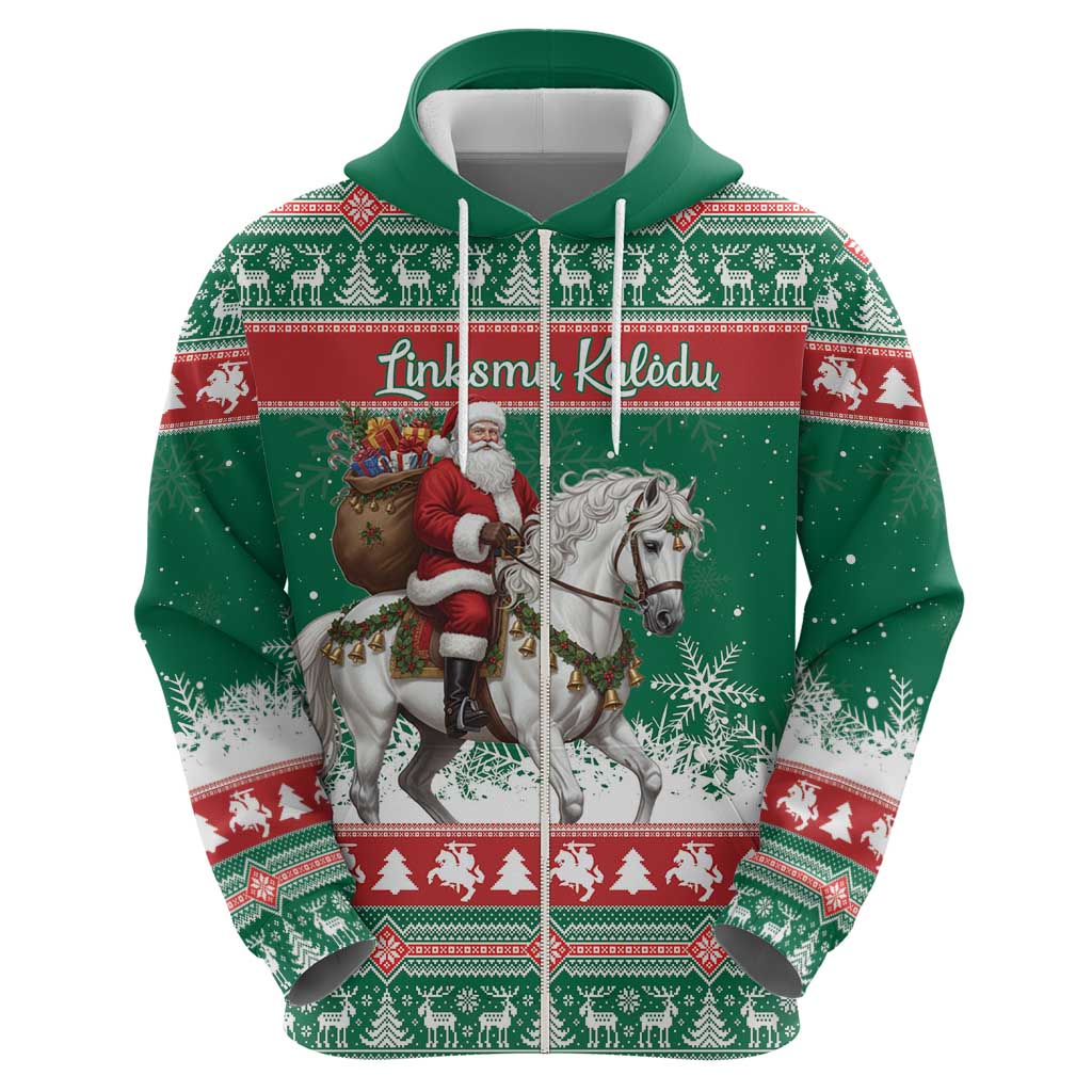 Lithuania Christmas Zip Hoodie Santa Riding White Horse Linksmu Kaledu - Wonder Print Shop