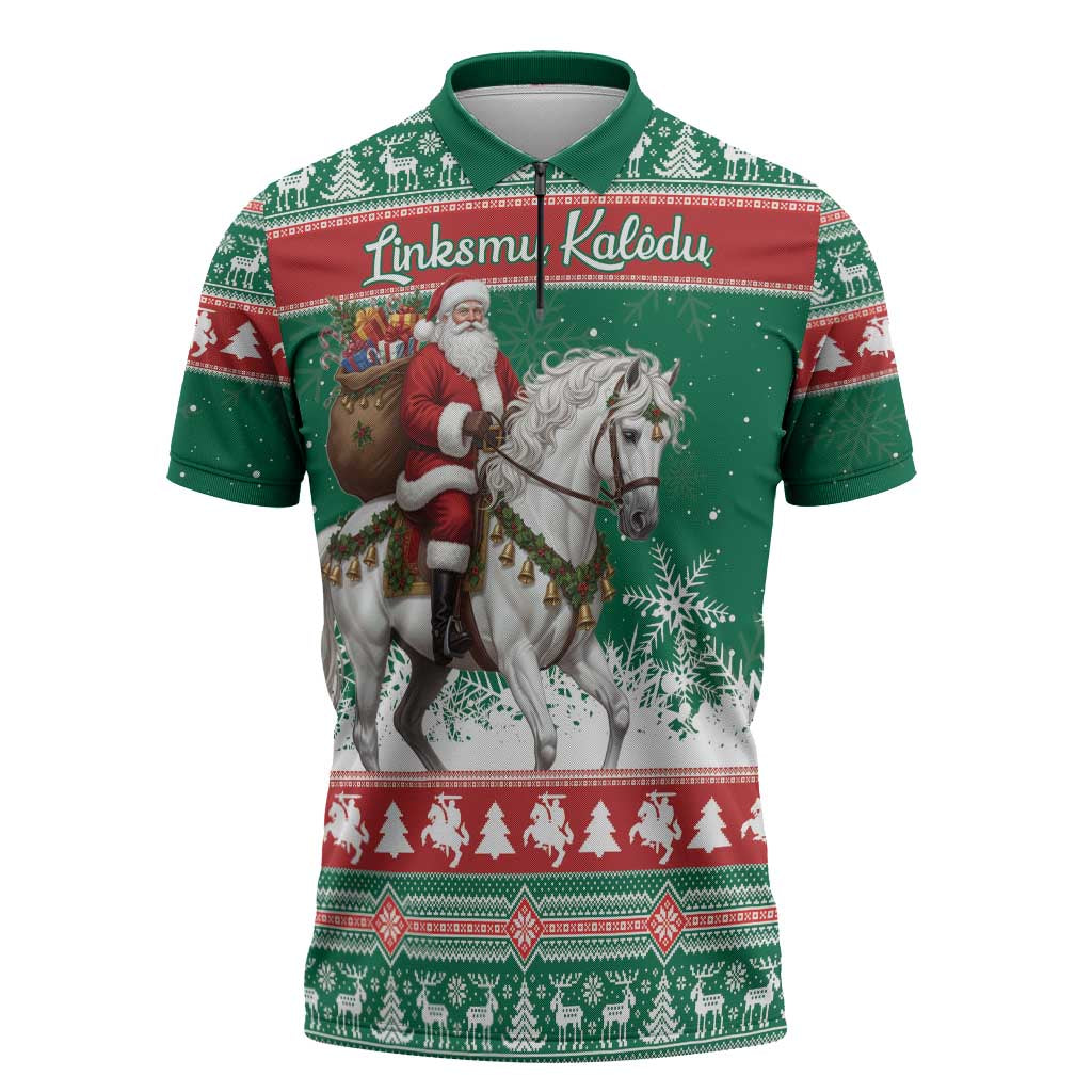 Lithuania Christmas Zipper Polo Shirt Santa Riding White Horse Linksmu Kaledu - Wonder Print Shop