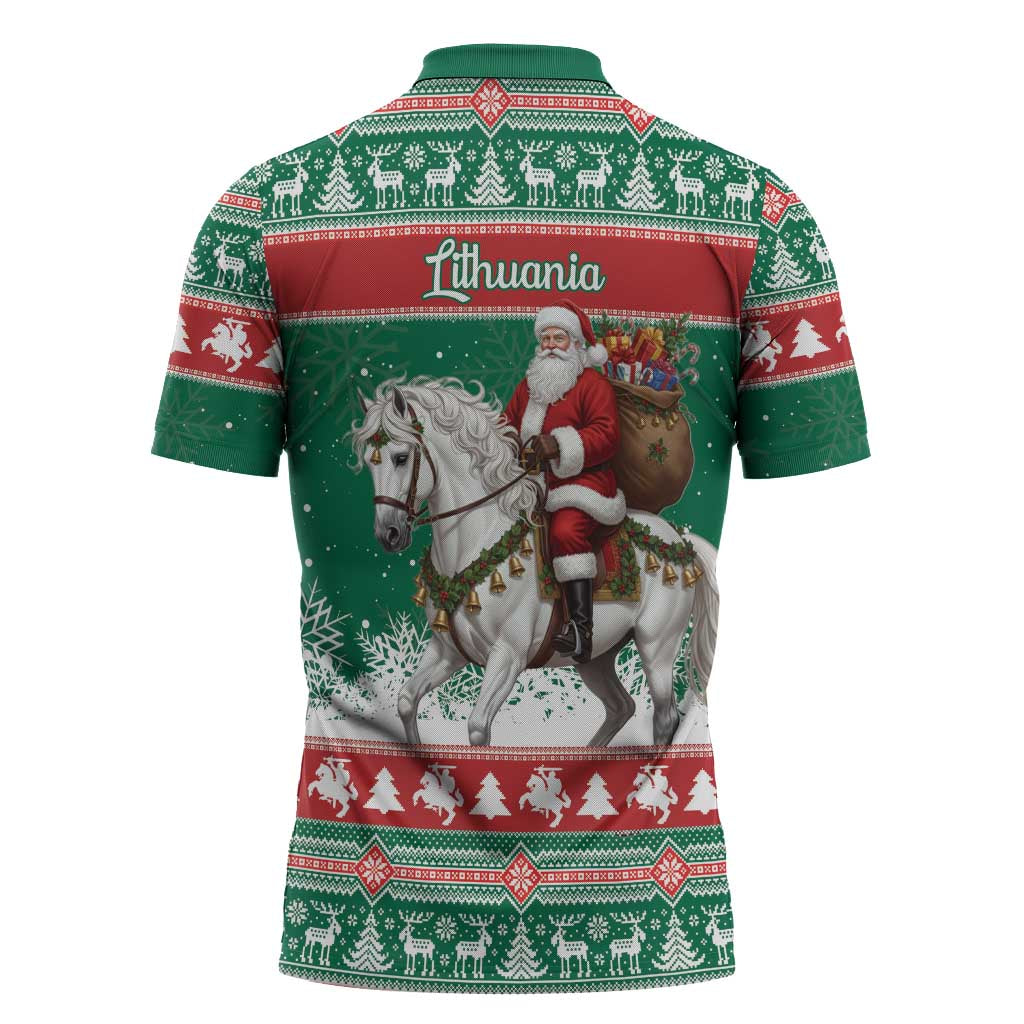Lithuania Christmas Zipper Polo Shirt Santa Riding White Horse Linksmu Kaledu - Wonder Print Shop