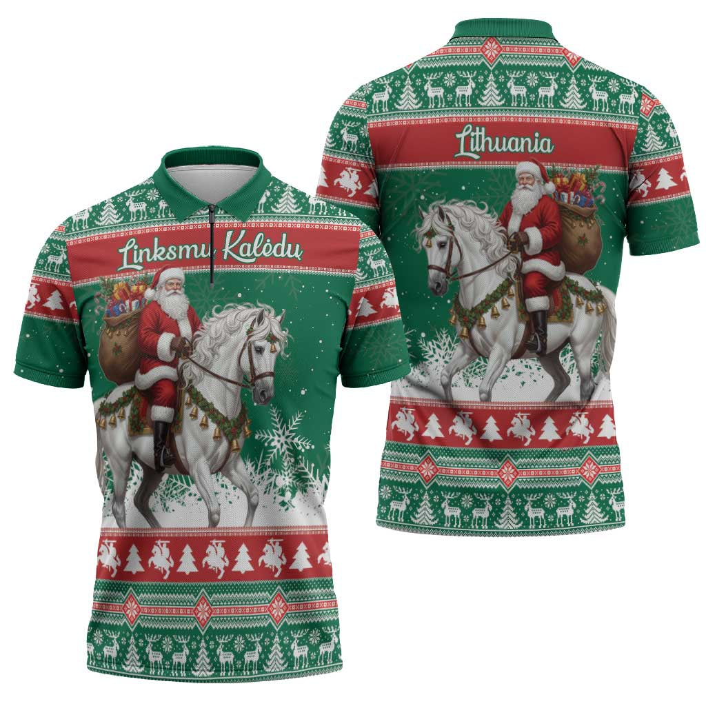 Lithuania Christmas Zipper Polo Shirt Santa Riding White Horse Linksmu Kaledu - Wonder Print Shop