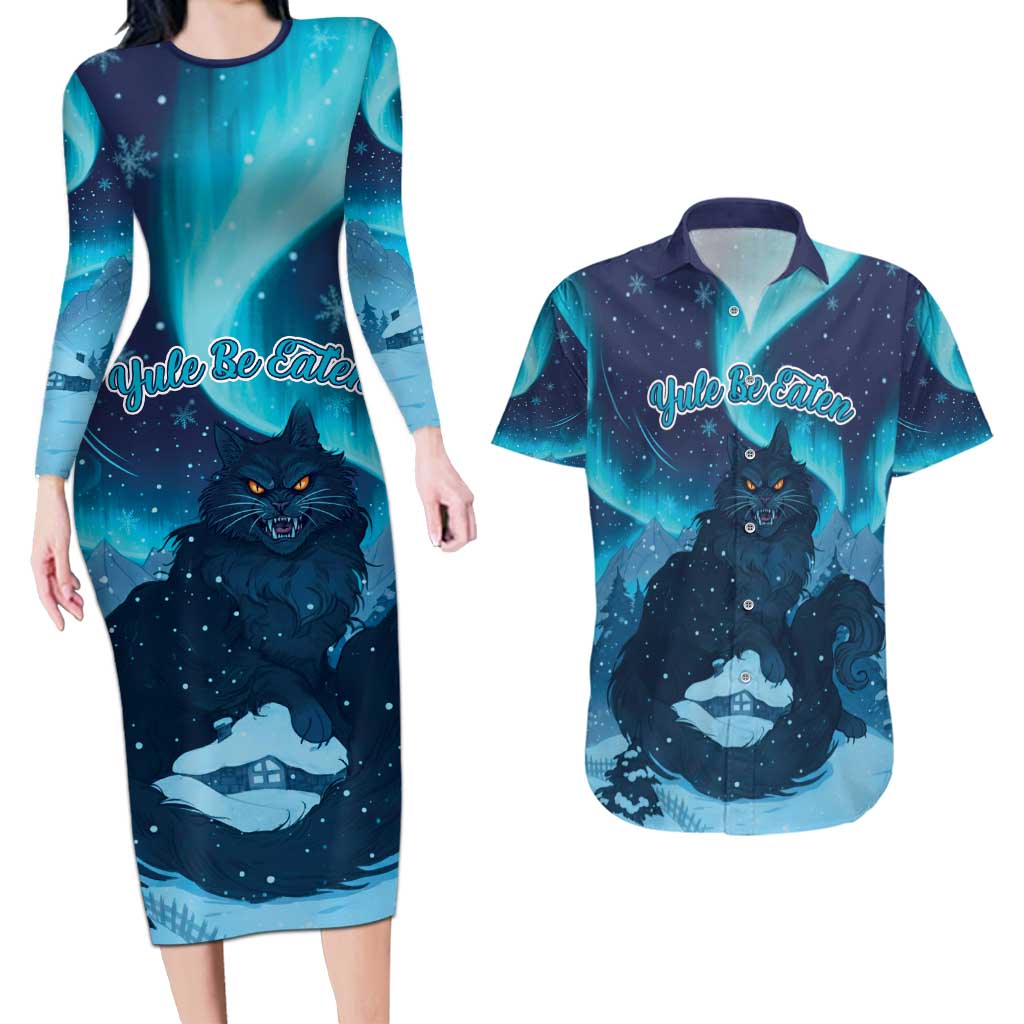 Yule Be Eaten Personalized Couples Matching Long Sleeve Bodycon Dress and Hawaiian Shirt Christmas Cat Jolakotturinn Icelandic - Wonder Print Shop