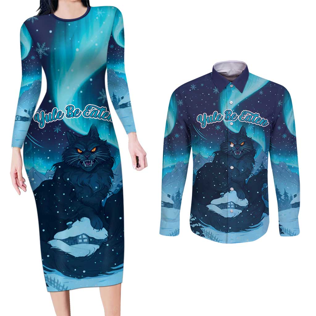 Yule Be Eaten Personalized Couples Matching Long Sleeve Bodycon Dress and Long Sleeve Button Shirt Christmas Cat Jolakotturinn Icelandic - Wonder Print Shop
