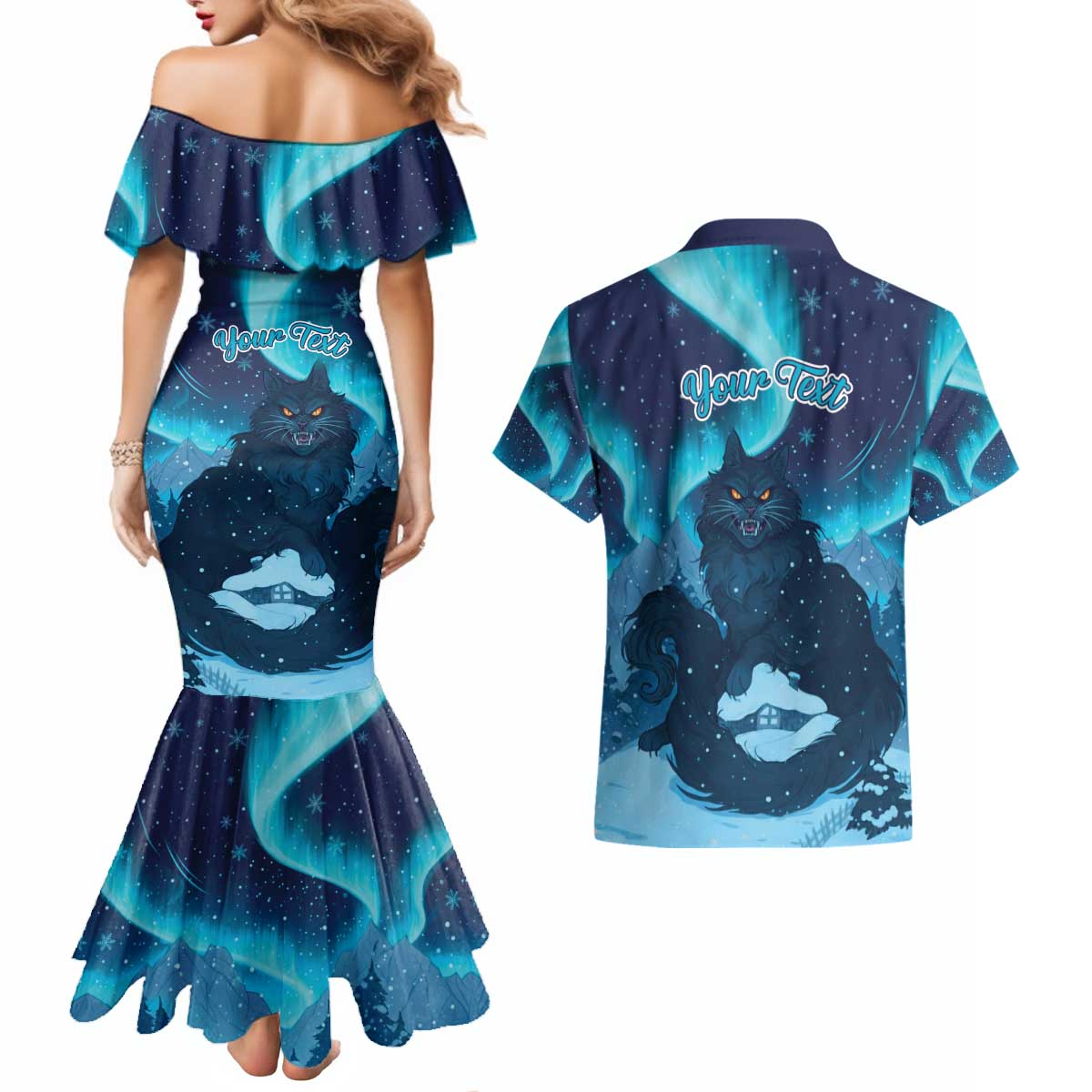 Yule Be Eaten Personalized Couples Matching Mermaid Dress and Hawaiian Shirt Christmas Cat Jolakotturinn Icelandic - Wonder Print Shop