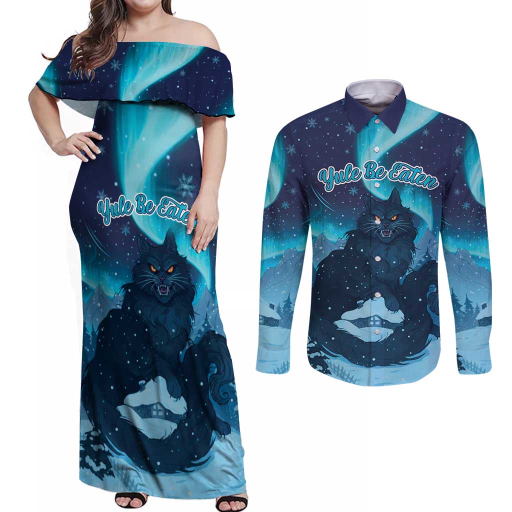 Yule Be Eaten Personalized Couples Matching Off Shoulder Maxi Dress and Long Sleeve Button Shirt Christmas Cat Jolakotturinn Icelandic - Wonder Print Shop