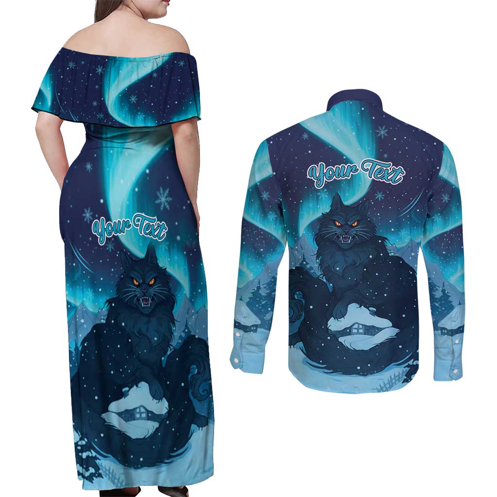 Yule Be Eaten Personalized Couples Matching Off Shoulder Maxi Dress and Long Sleeve Button Shirt Christmas Cat Jolakotturinn Icelandic - Wonder Print Shop