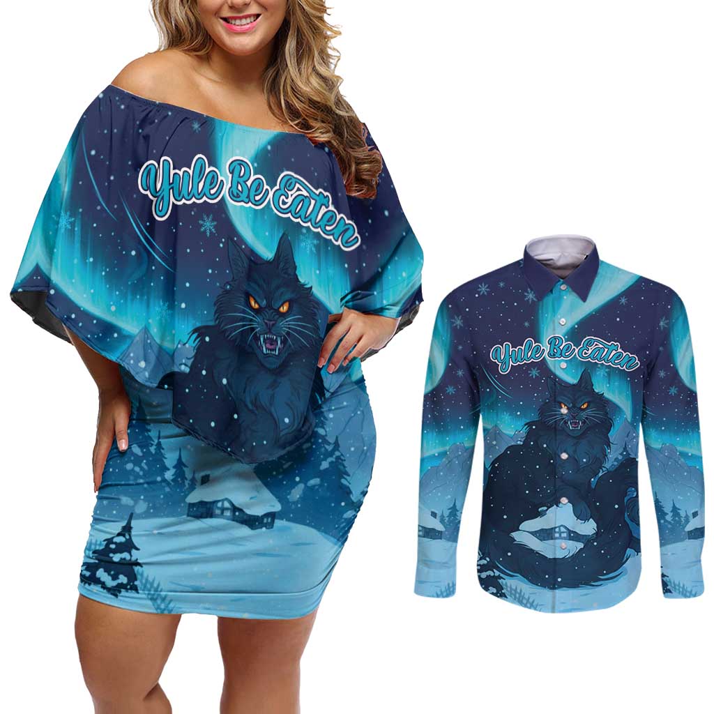 Yule Be Eaten Personalized Couples Matching Off Shoulder Short Dress and Long Sleeve Button Shirt Christmas Cat Jolakotturinn Icelandic - Wonder Print Shop