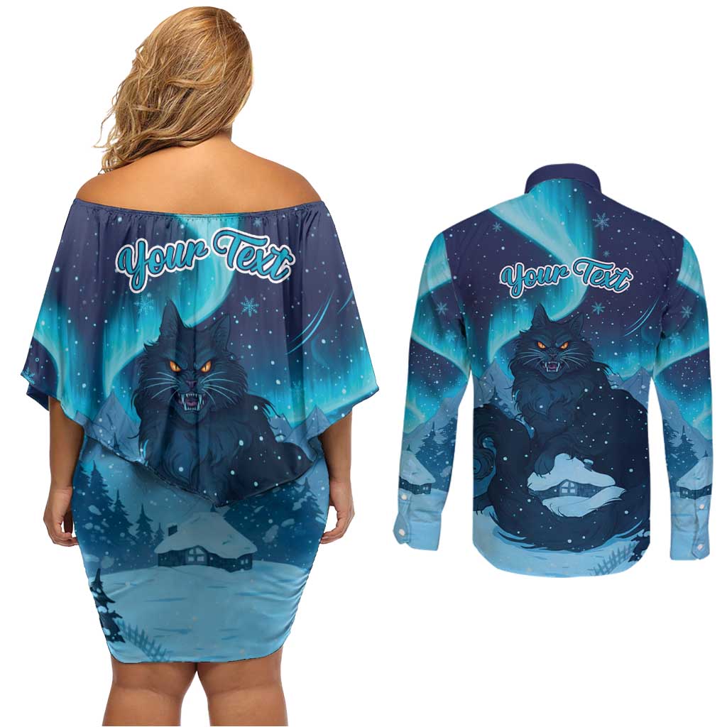 Yule Be Eaten Personalized Couples Matching Off Shoulder Short Dress and Long Sleeve Button Shirt Christmas Cat Jolakotturinn Icelandic - Wonder Print Shop