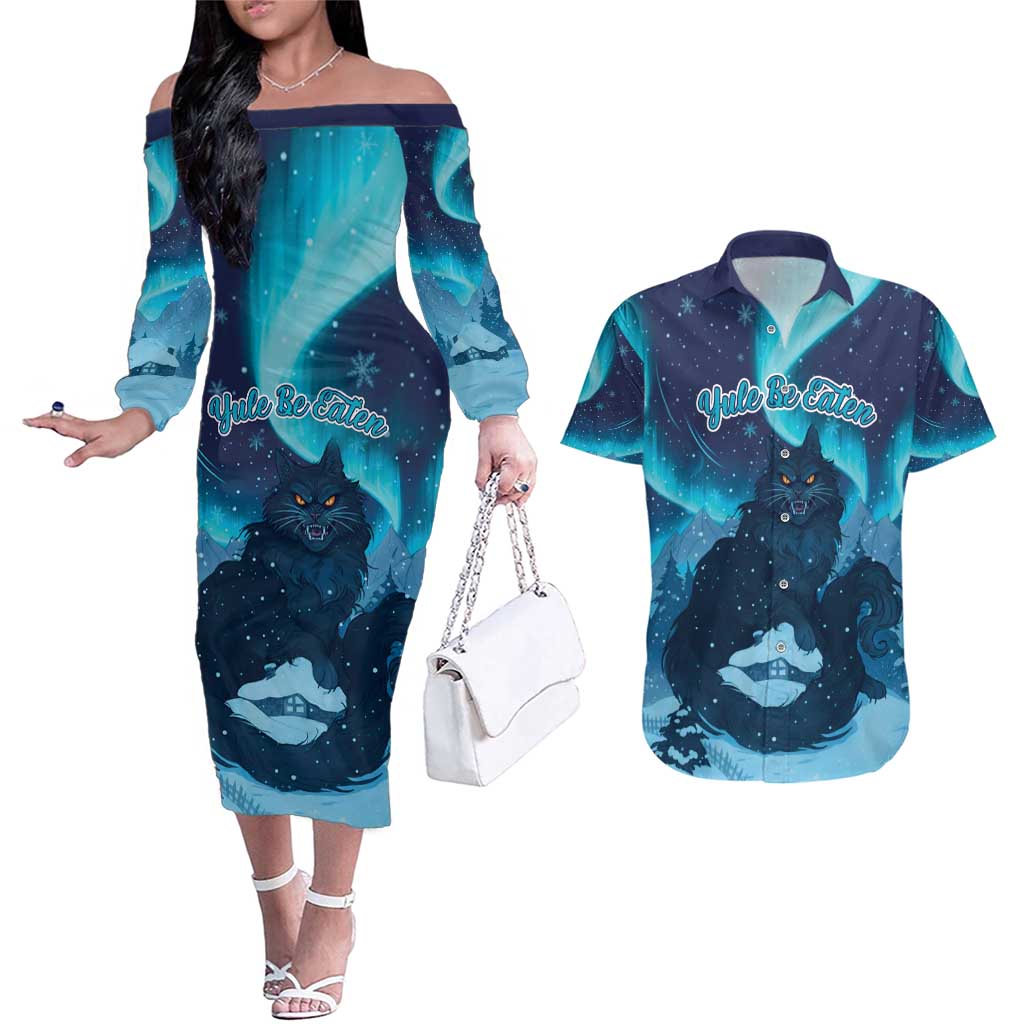 Yule Be Eaten Personalized Couples Matching Off The Shoulder Long Sleeve Dress and Hawaiian Shirt Christmas Cat Jolakotturinn Icelandic - Wonder Print Shop