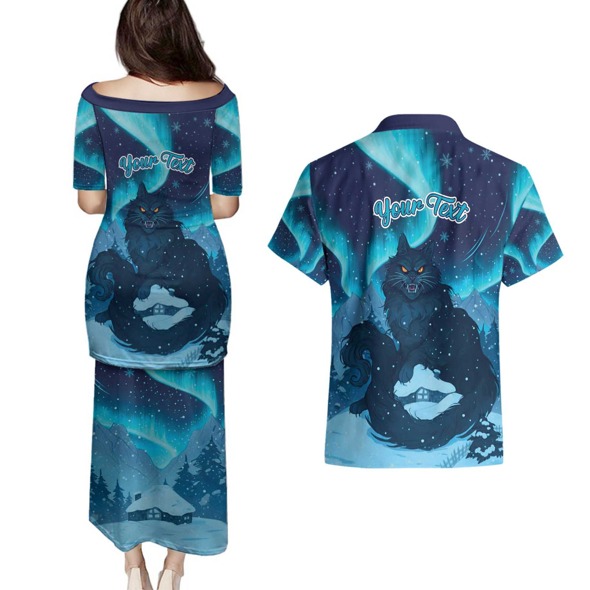 Yule Be Eaten Personalized Couples Matching Puletasi and Hawaiian Shirt Christmas Cat Jolakotturinn Icelandic - Wonder Print Shop