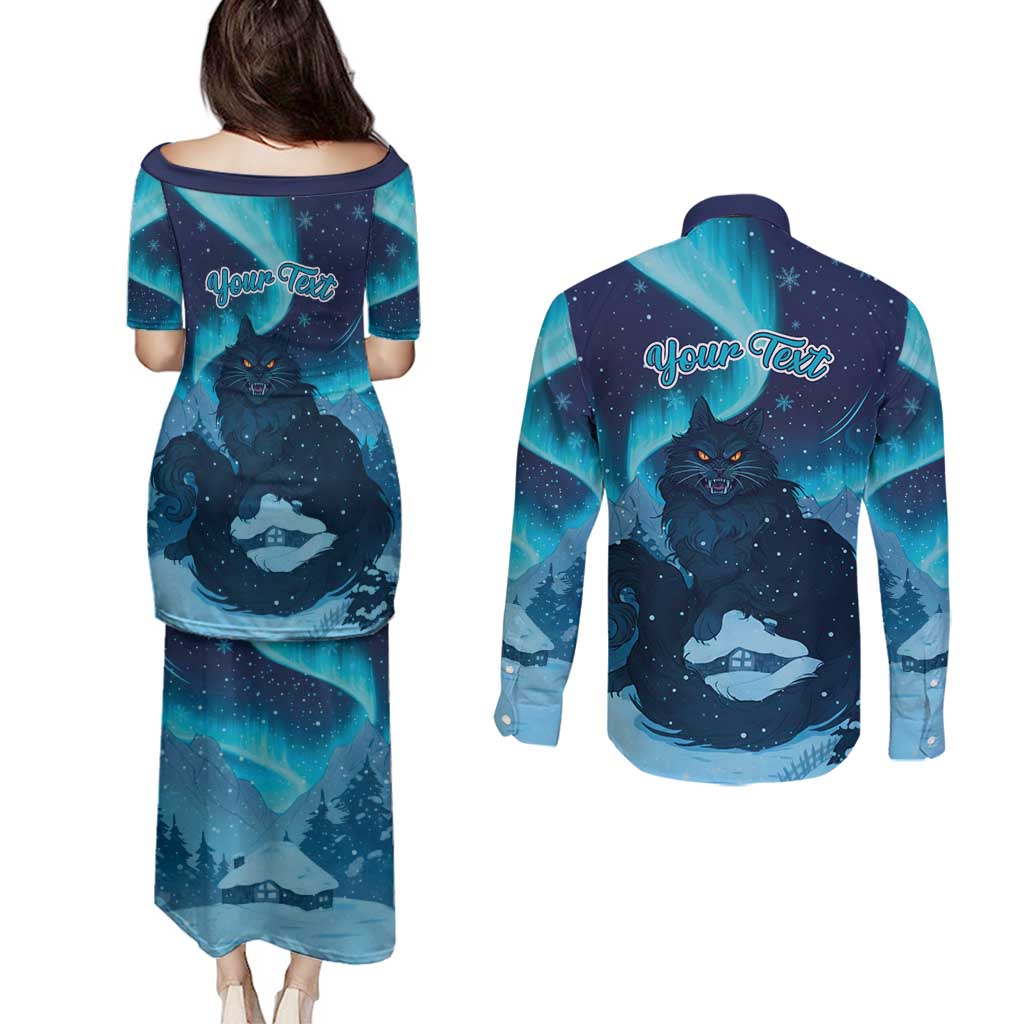 Yule Be Eaten Personalized Couples Matching Puletasi and Long Sleeve Button Shirt Christmas Cat Jolakotturinn Icelandic - Wonder Print Shop