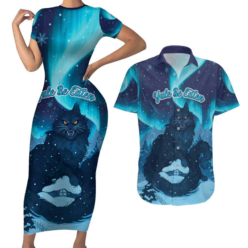Yule Be Eaten Personalized Couples Matching Short Sleeve Bodycon Dress and Hawaiian Shirt Christmas Cat Jolakotturinn Icelandic - Wonder Print Shop
