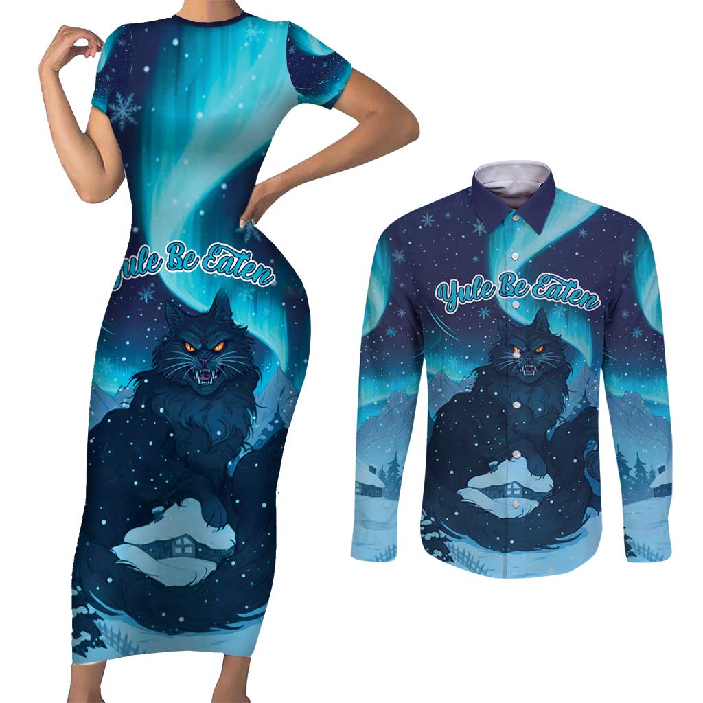 Yule Be Eaten Personalized Couples Matching Short Sleeve Bodycon Dress and Long Sleeve Button Shirt Christmas Cat Jolakotturinn Icelandic - Wonder Print Shop