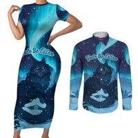 Yule Be Eaten Personalized Couples Matching Short Sleeve Bodycon Dress and Long Sleeve Button Shirt Christmas Cat Jolakotturinn Icelandic - Wonder Print Shop